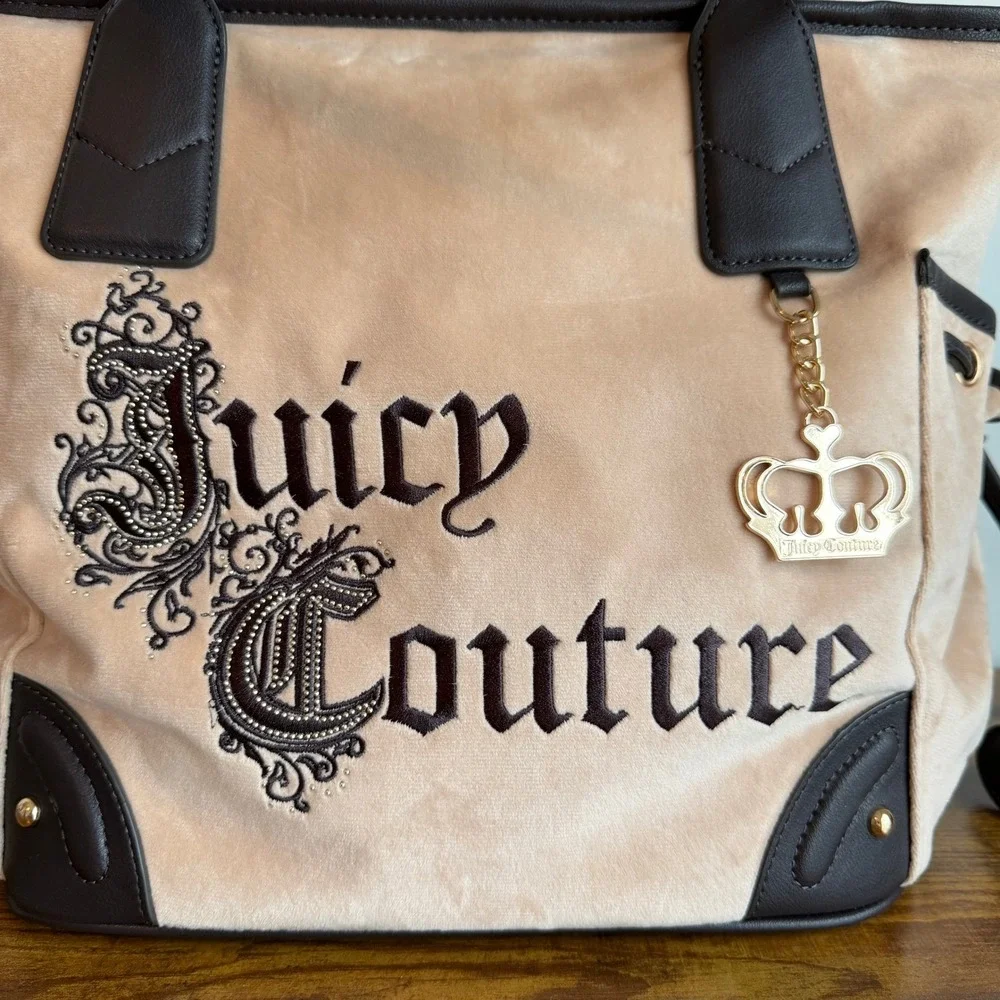 New Juicy Couture Renaissance Large Tote Shoulder Handbag Beige Brown Charm Y2K